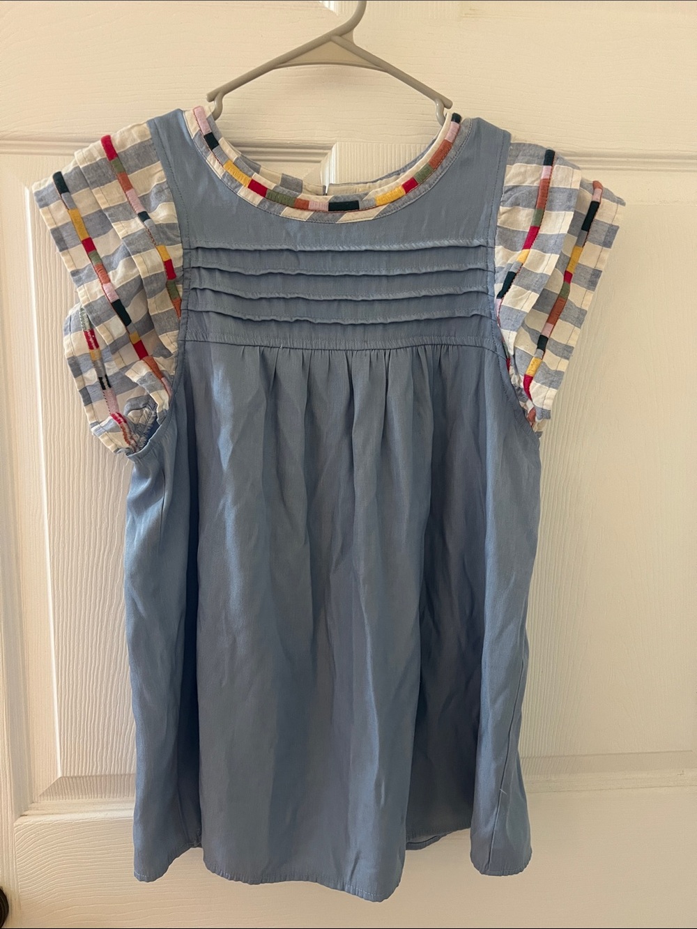 Blue Pleated Front Blouse with Multicolor Check Sleeves